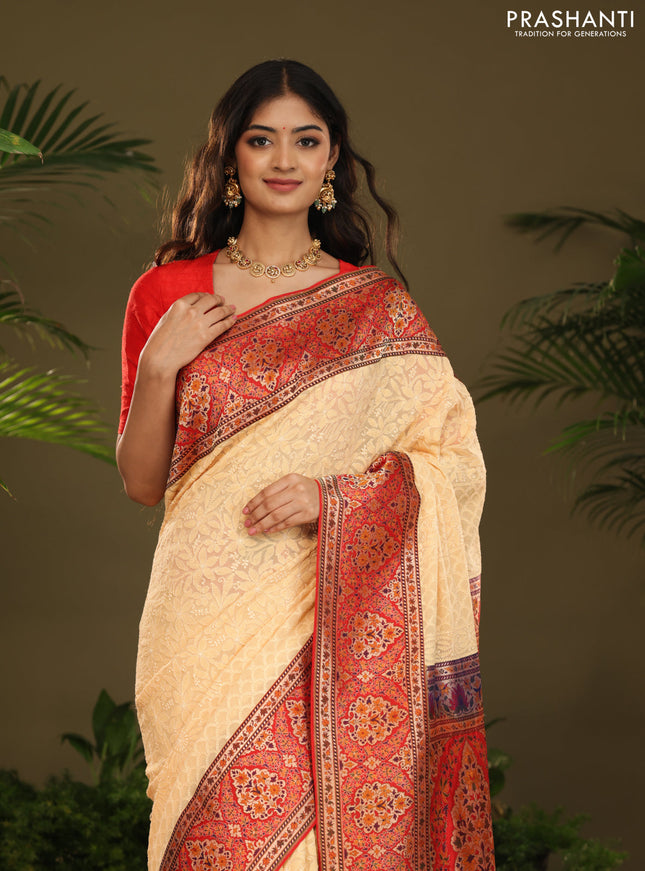 Pale Yellow & Red  Georgette Saree with Chikankari work & banaras border