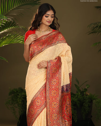 Pale Yellow & Red  Georgette Saree with Chikankari work & banaras border