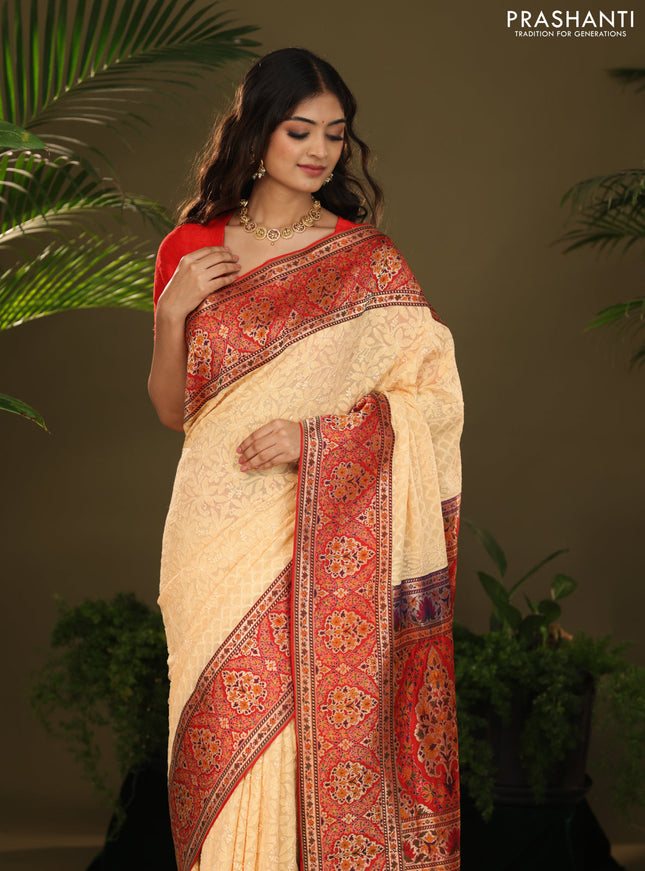 Pale Yellow & Red  Georgette Saree with Chikankari work & banaras border