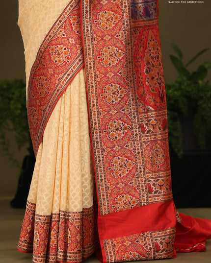 Pale Yellow & Red  Georgette Saree with Chikankari work & banaras border