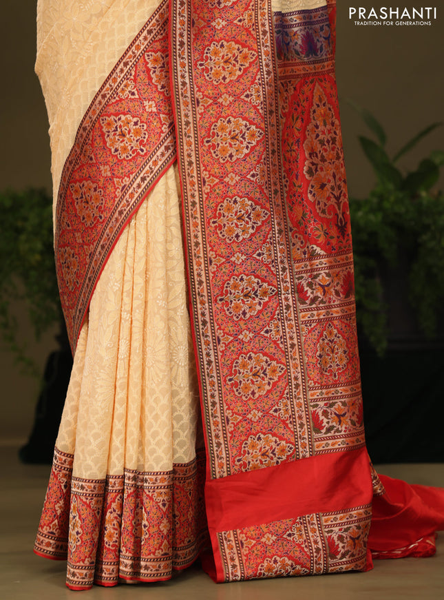 Pale Yellow & Red  Georgette Saree with Chikankari work & banaras border