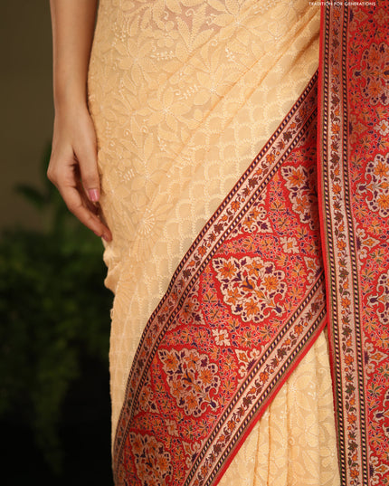 Pale Yellow & Red  Georgette Saree with Chikankari work & banaras border