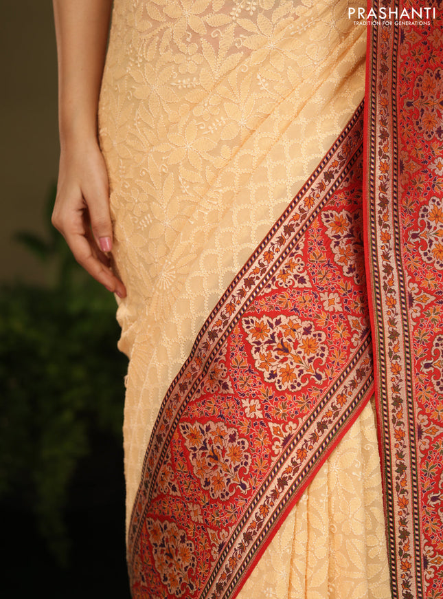 Pale Yellow & Red  Georgette Saree with Chikankari work & banaras border
