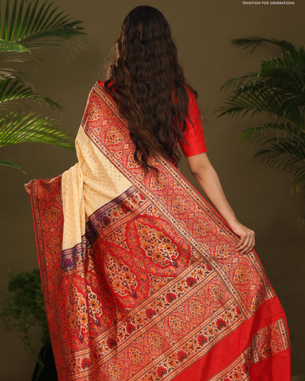 Pale Yellow & Red  Georgette Saree with Chikankari work & banaras border