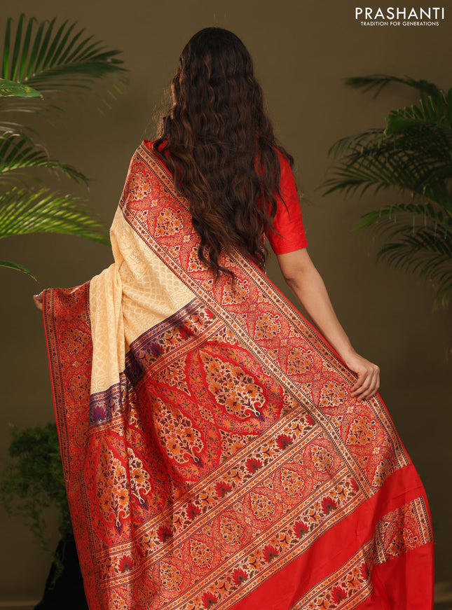 Pale Yellow & Red  Georgette Saree with Chikankari work & banaras border