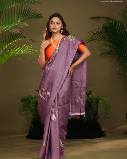 Mauve Pink Tussar silk saree with hand kantha work