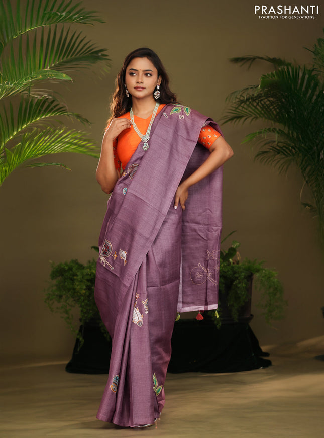 Mauve Pink Tussar silk saree with hand kantha work