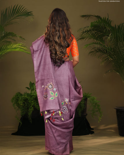 Mauve Pink Tussar silk saree with hand kantha work