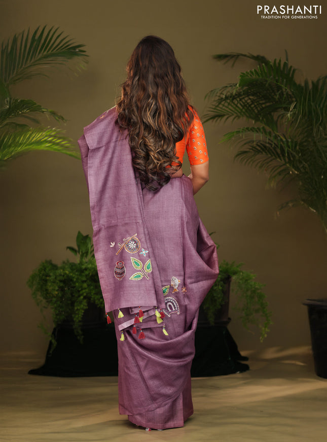 Mauve Pink Tussar silk saree with hand kantha work
