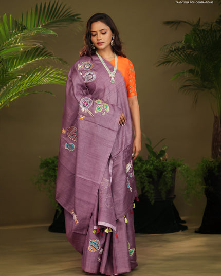 Mauve Pink Tussar silk saree with hand kantha work