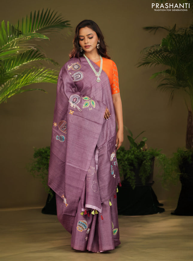 Mauve Pink Tussar silk saree with hand kantha work