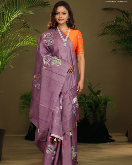 Mauve Pink Tussar silk saree with hand kantha work