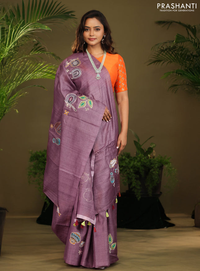 Mauve Pink Tussar silk saree with hand kantha work