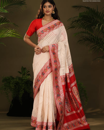 Cream & Red Georgette Saree with Chikankari work & banaras border