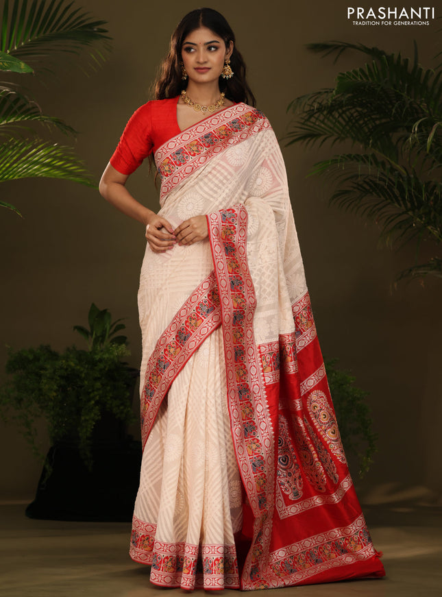 Cream & Red Georgette Saree with Chikankari work & banaras border