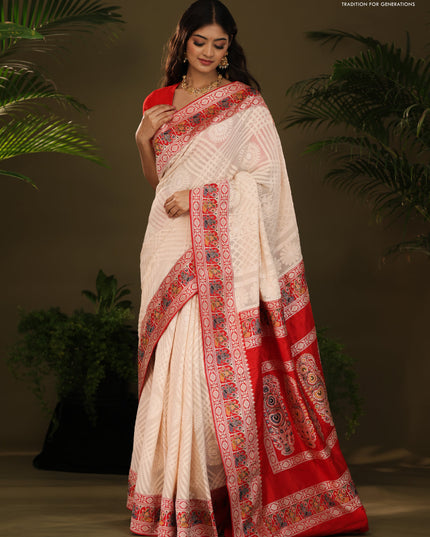 Cream & Red Georgette Saree with Chikankari work & banaras border