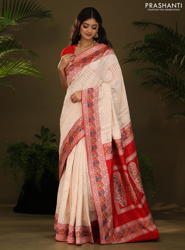 Cream & Red Georgette Saree with Chikankari work & banaras border