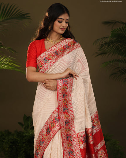 Cream & Red Georgette Saree with Chikankari work & banaras border