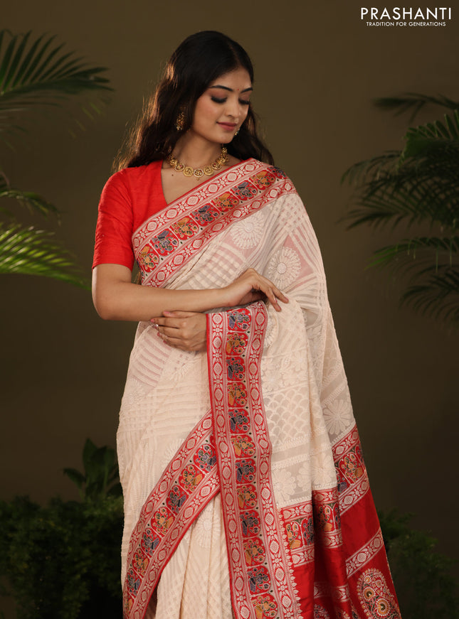 Cream & Red Georgette Saree with Chikankari work & banaras border