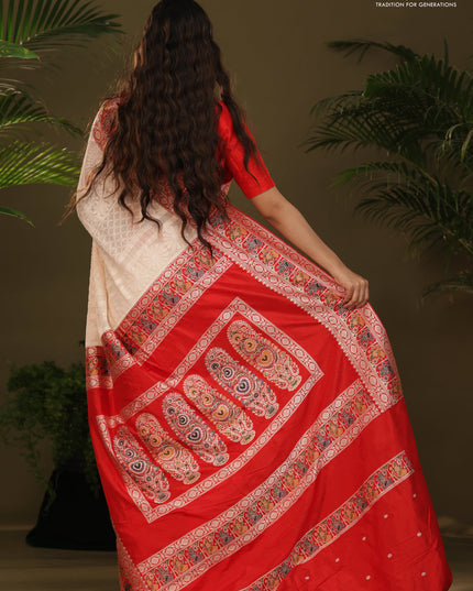 Cream & Red Georgette Saree with Chikankari work & banaras border