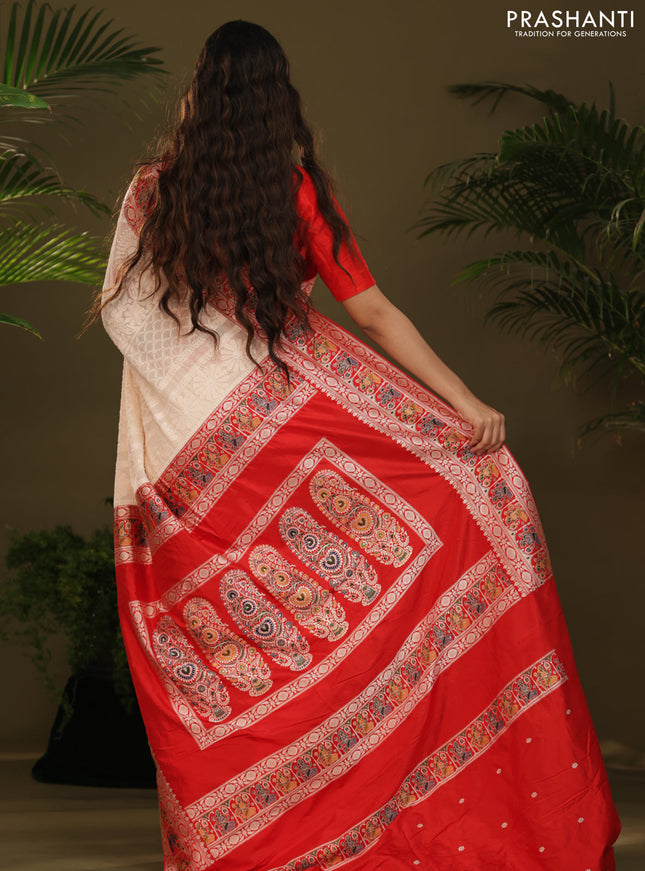 Cream & Red Georgette Saree with Chikankari work & banaras border
