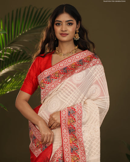 Cream & Red Georgette Saree with Chikankari work & banaras border