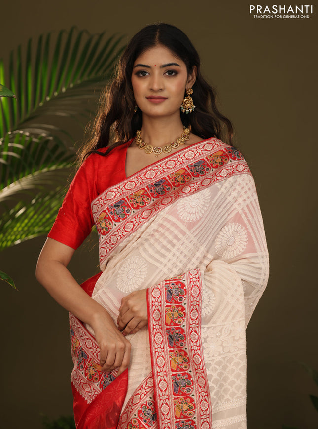 Cream & Red Georgette Saree with Chikankari work & banaras border