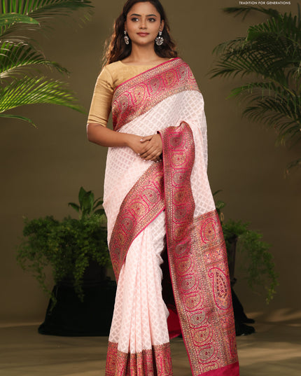 Off white & Pink Georgette saree with Chikankari Work & banaras border