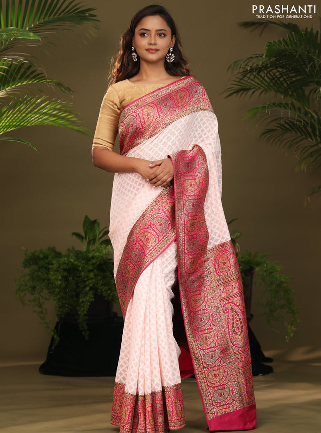 Off white & Pink Georgette saree with Chikankari Work & banaras border
