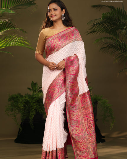 Off white & Pink Georgette saree with Chikankari Work & banaras border