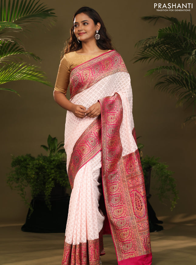 Off white & Pink Georgette saree with Chikankari Work & banaras border