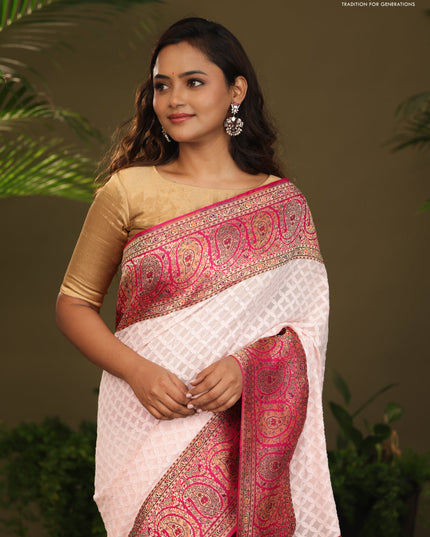 Off white & Pink Georgette saree with Chikankari Work & banaras border