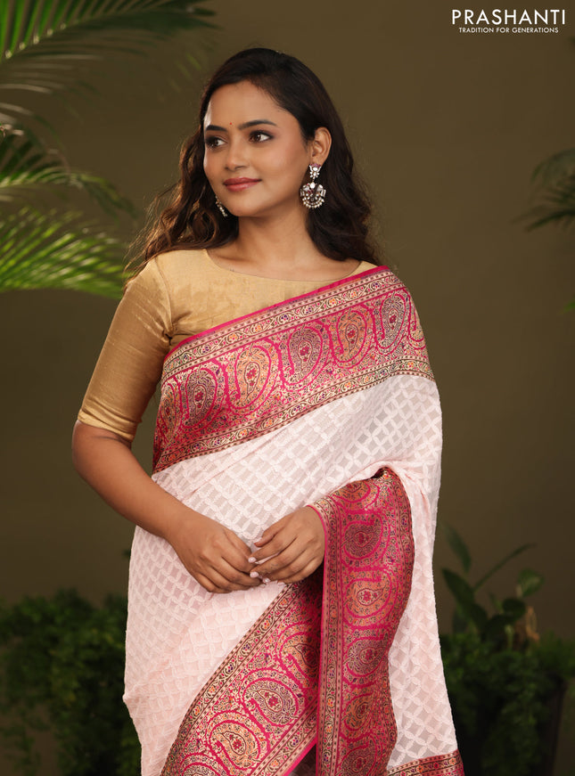 Off white & Pink Georgette saree with Chikankari Work & banaras border