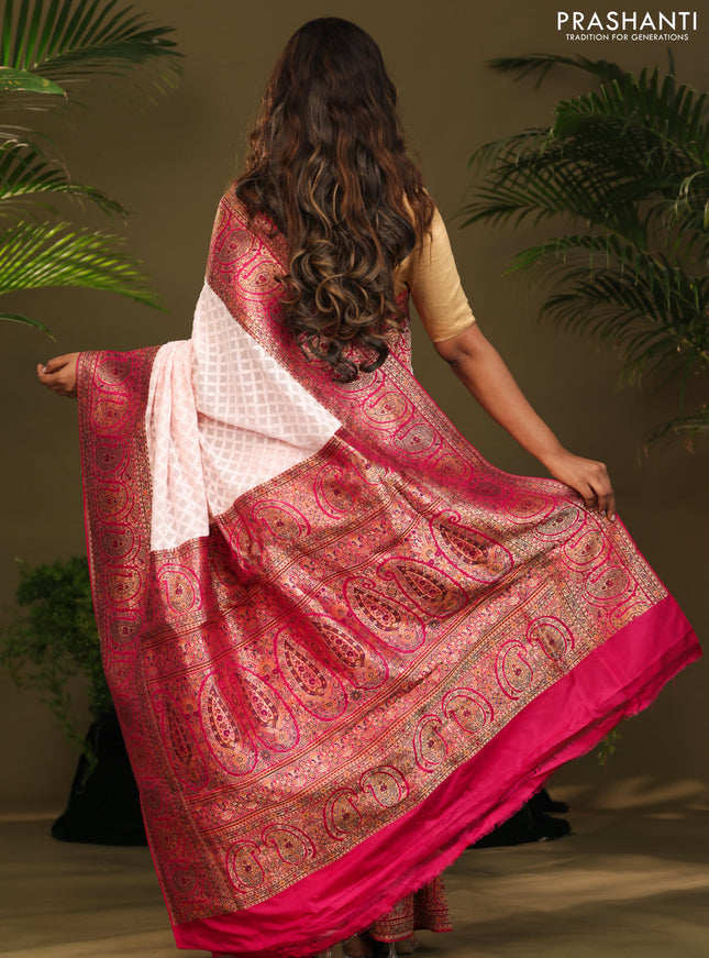 Off white & Pink Georgette saree with Chikankari Work & banaras border