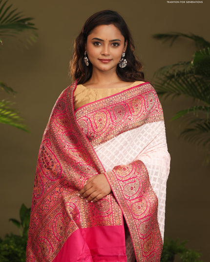 Off white & Pink Georgette saree with Chikankari Work & banaras border