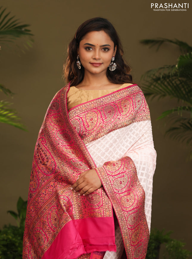 Off white & Pink Georgette saree with Chikankari Work & banaras border
