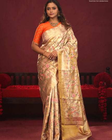 Golden Tissue Kanchipuram Silk Saree with allover embroidery