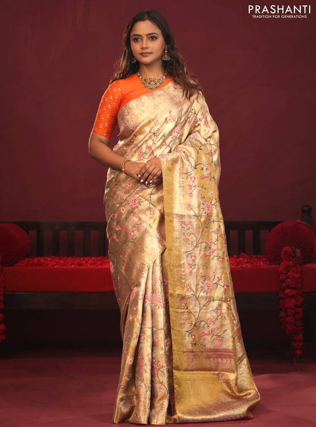 Golden Tissue Kanchipuram Silk Saree with allover embroidery