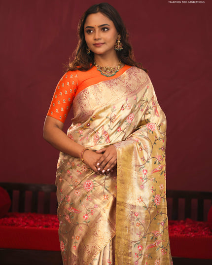 Golden Tissue Kanchipuram Silk Saree with allover embroidery