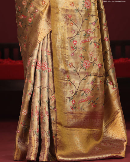 Golden Tissue Kanchipuram Silk Saree with allover embroidery