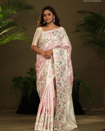 Pastel Pink Kanchipuram Silk Saree with floral Embroided Border