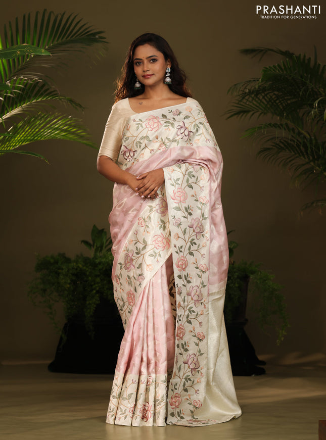 Pastel Pink Kanchipuram Silk Saree with floral Embroided Border