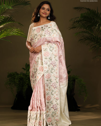 Pastel Pink Kanchipuram Silk Saree with floral Embroided Border