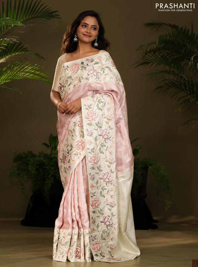 Pastel Pink Kanchipuram Silk Saree with floral Embroided Border