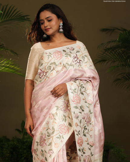 Pastel Pink Kanchipuram Silk Saree with floral Embroided Border