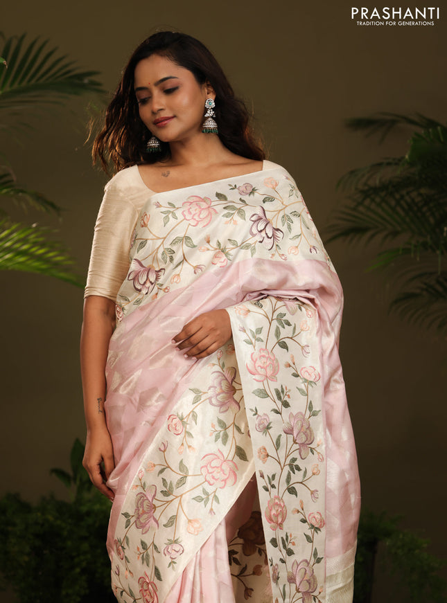 Pastel Pink Kanchipuram Silk Saree with floral Embroided Border