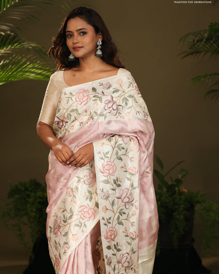 Pastel Pink Kanchipuram Silk Saree with floral Embroided Border