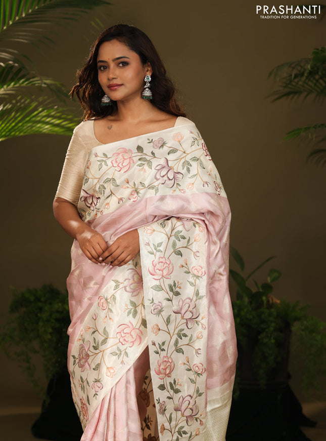 Pastel Pink Kanchipuram Silk Saree with floral Embroided Border