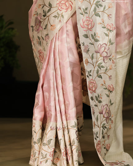 Pastel Pink Kanchipuram Silk Saree with floral Embroided Border