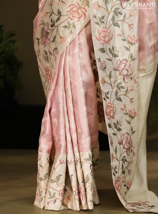 Pastel Pink Kanchipuram Silk Saree with floral Embroided Border